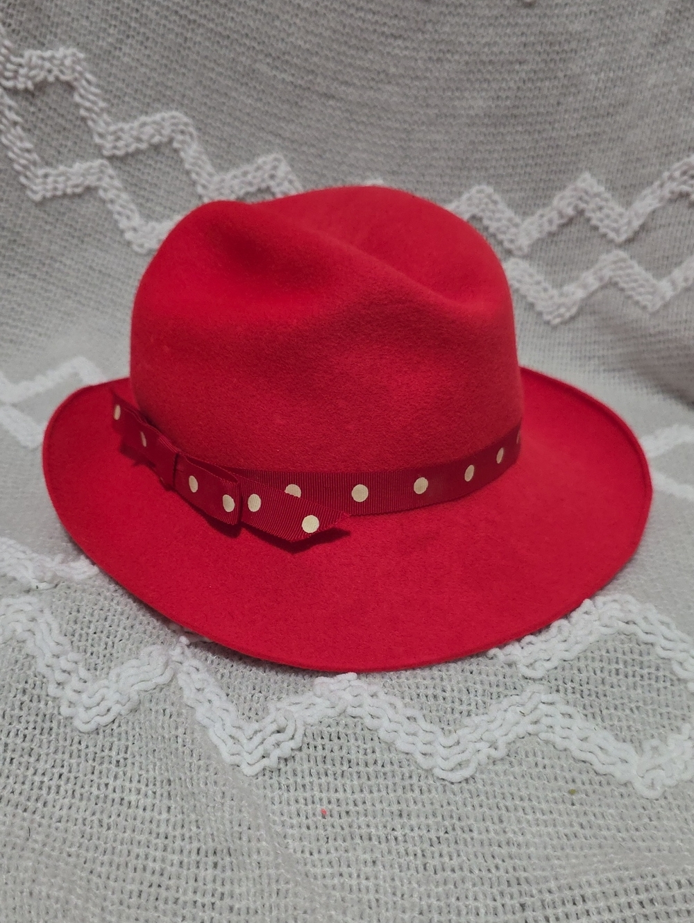 Adolfo II Real Vintage 100% Wool Felt Fedora Hat with Polka Dot Ribbon